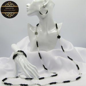 Long or Short Black & White Beaded Jewelry Set